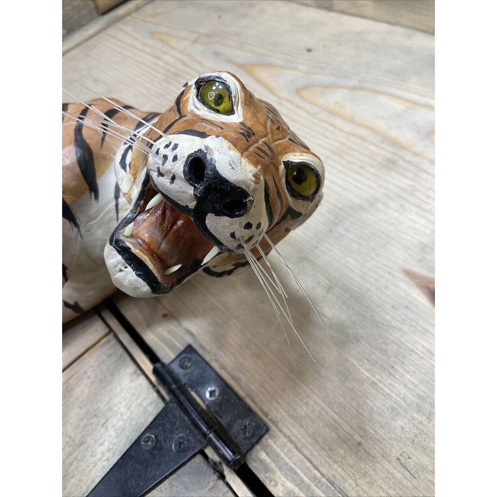 VINTAGE Leather Wrapped Tiger Sculpture Glass Eyes Jungle Safari Figurine Rare - Picture 9 of 11